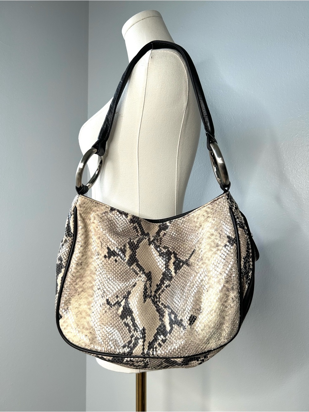 Donald J Pliner Cream Beige Neutral Python Snake Embossed Leather Shoulder Bag